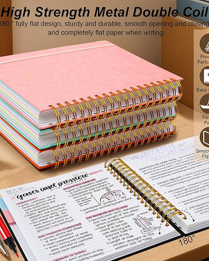 Hardcover Spiral Notebook 6.2"x 8.2" Journal Notebook with Tabs and Removable Dividers 300 Pages 5 Subject Notebook College Ruled, Faux Leather Spiral Bound Notebook for Women School Work (Black)