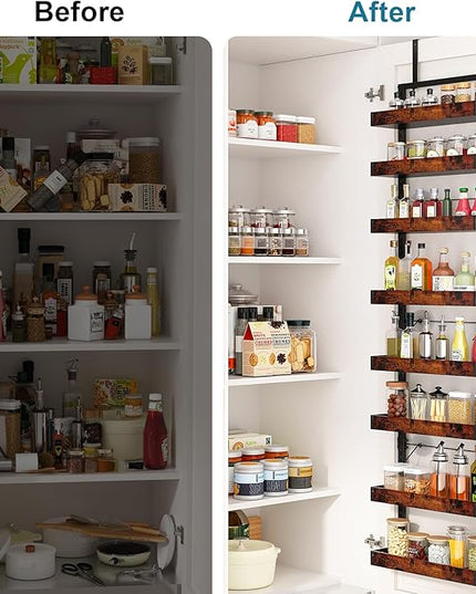 bukfen Over the Door Pantry Organizer, 8-Tier Adjustable Wooden Basket Kitchen Pantry Door Organization and Storage,2 in 1 Wall Mount or Hanging Heavy-Duty Metal Hanging Kitchen Spice Rack,1 Pack