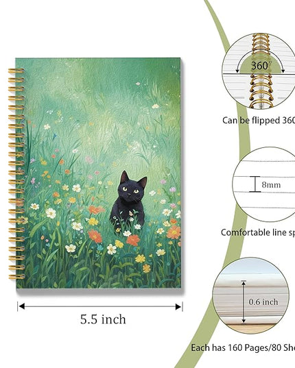 ROXMART Black Cat Wildflower Field Spiral Notebook, Black Cat Gifts Journal, Gifts for Cats Lovers, Rustic Floral Cute Kitty Kitten Hardcover Notebook Journal, 5.5x8.3 Inch