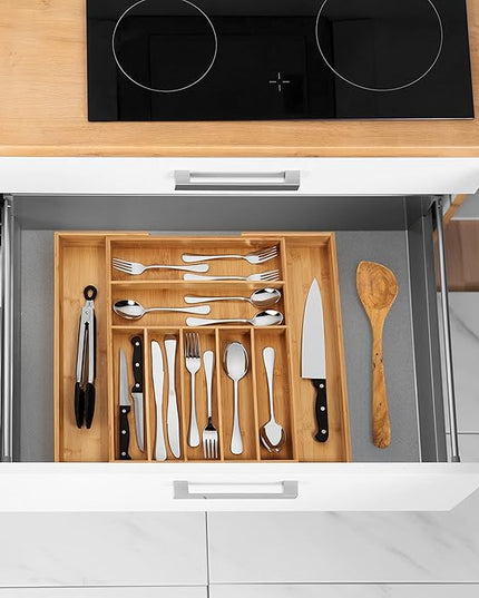 Bamboo Drawer Organizer, 2 Pack - Expandable Silverware Organizer & Utensil Drawer Organizer, Cutlery Tray with Dividers, 7-9 Slots- Premium Kitchen Organizer for Utensils & Flatware (Natural)