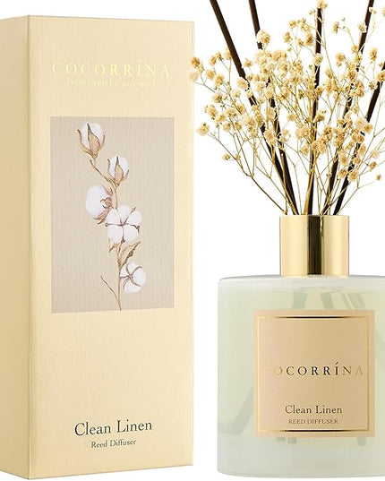 COCORRÍNA Reed Diffuser - Clean Linen 17 Fl.oz Reed Diffuser with 8 Sticks Scented Diffuser with Preserved Flowers for Bathroom Home Decor