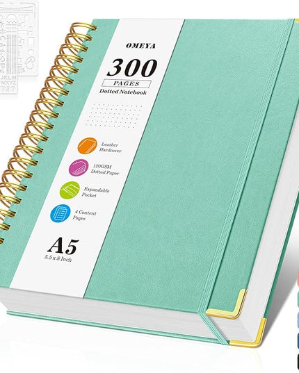 Bullet Dotted Journal Spiral Notebook, 300 Pages Leather Notebooks with Contens, 120 GSM Thick No Bleed Through Paper Journals, A5 Dot Grid Notebook for Women Men School Work Writing, 5.5" x 8", Green
