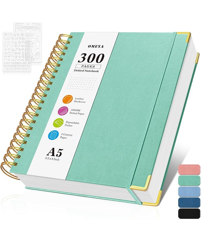 Bullet Dotted Journal Spiral Notebook, 300 Pages Leather Notebooks with Contens, 120 GSM Thick No Bleed Through Paper Journals, A5 Dot Grid Notebook for Women Men School Work Writing, 5.5" x 8", Green