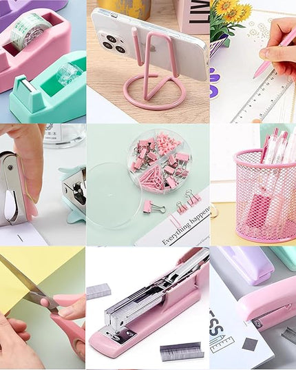 Pink Office Supplies, Pink Desk Accessories, Stapler, Staple Remover, Tape Holder, Pen Holder, Ballpoint Pen, Scissor, Binder Clips, 1000pcs Staples, Phone Holder, Ruler, Transparent Glue and Notes