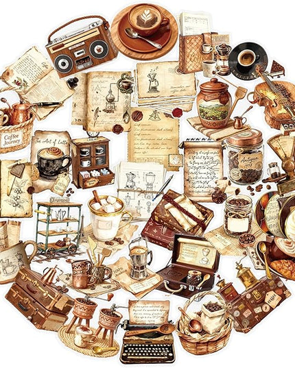 50Pcs Vintage Coffee Stickers for Scrapbooking, Journal, Photo Album, Kindle, Laptop, Refrigerators, Suitcase, Waterproof PET Transparent Aesthetic Decals