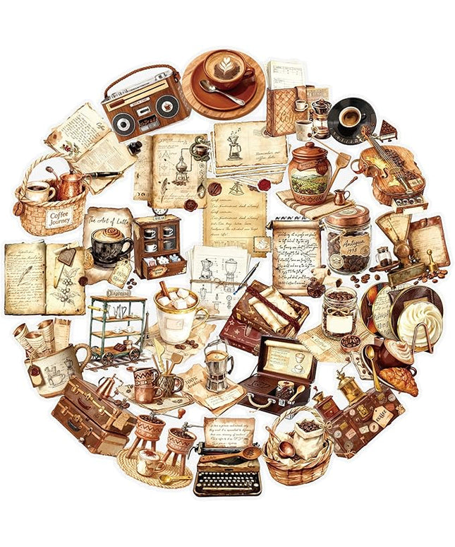 50Pcs Vintage Coffee Stickers for Scrapbooking, Journal, Photo Album, Kindle, Laptop, Refrigerators, Suitcase, Waterproof PET Transparent Aesthetic Decals