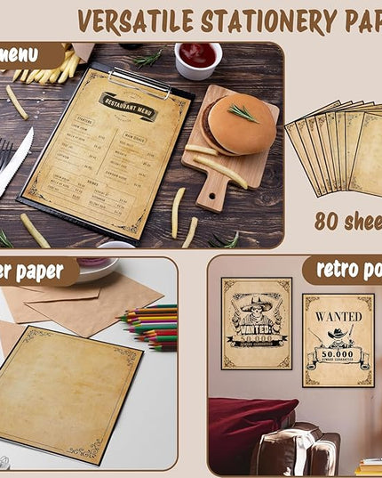 Tlenpo Stationery Vintage Antique Design Printing Writing Papers 8.5 x 11 in, 80 Sheets, Old Age Printer Papers, Retro Painted Border Letterhead, Double Sided Printing Paper, 8 Designs