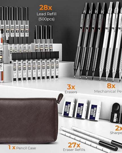 Nicpro 45PCS Black & Silver Metal Mechanical Pencil Set in Leather Case, Art Drafting Pencil 0.5, 0.7, 0.9 mm, 2mm Lead Holders for Sketching Drawing With 27 Tube (6B 4B 2B HB 2H 4H Colors)Lead Refill