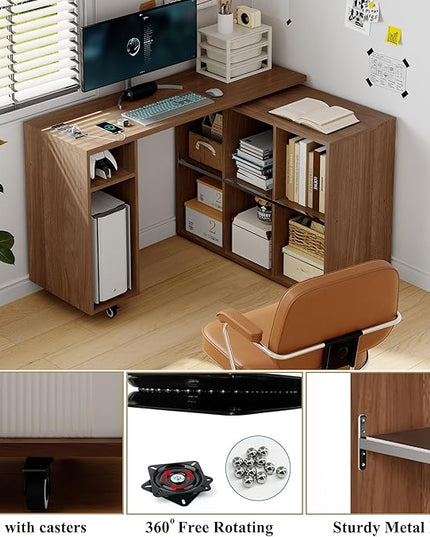 BLANKSPACE L-Shaped Computer Desk with 360° Swivel Desktop & 6 Open Shelves, Corner Desk - Rotating Home Office Desk Yili Walnut