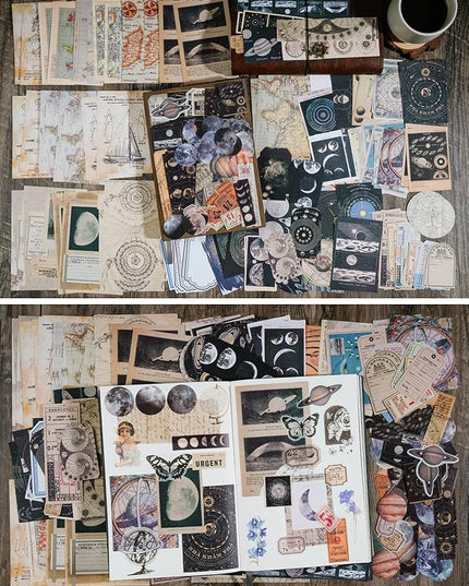 Knaid Vintage Scrapbook Supplies Pack (200 Pieces) for Witchy Junk Journal Bullet Journals Planners Space Moon Paper Stickers Craft Kits Collage (Celestial)