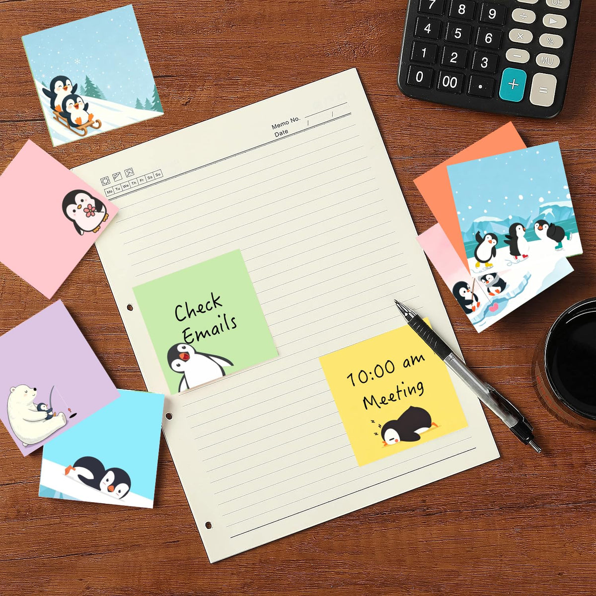 9 Pads Cute Sticky Notes Set, 3" x 3" Penguin Self Stick Notepads, Funny Penguin Stationery, Kawaii Adhesive Memo Pads, Penguin Lover Gifts, Office Decor Desk Accessories, School Supplies