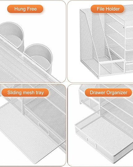 Marbrasse Desk Organiser with File Holder, 5-Tier Paper Letter Tray Organiser with Drawer and 2 Pen Holder, Mesh Desktop Organizer and Storage with Magazine Holder for Office Supplies(White)