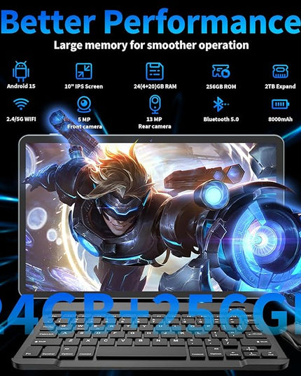 Android 15 Tablet 10 inch, 2026 Tablet with Keyboard, 24GB+256GB+2TB Expand, 2-in-1 Tablets with 8-Core, 5G WiFi, 8000mAh, BT5.0, GMS, GPS, Gemini AI, Tablets PC with Mouse, Case, Stylus (Pink)