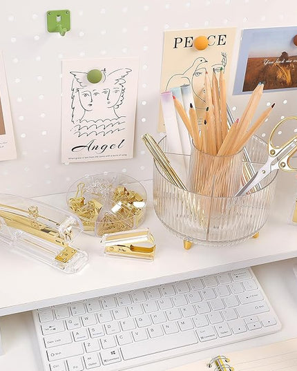 SKYDUE Gold Office Supplies Set, Pencil Holder for Desk,Gel Pen, Stapler, Tape Dispenser, Scissors,Clips and 1000pcs Staples, Office Decor for Women, Gold Desk Accessories