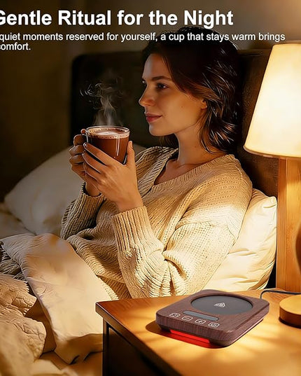 Coffee Mug Warmer with Temperature Control, 36W Electric Mug Heater, 120–180°F Adjustable Desk Cup Warmer with Timer & Auto Shut-Off, Ambient Light, Walnut Wood-Grain Finish, Gift for Home & Office