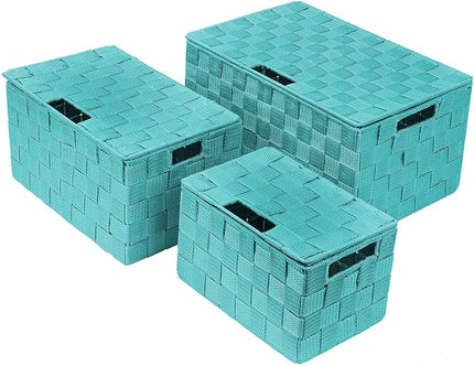 Sorbus Set of 3 Hand-Woven Storage Baskets with Lids – Decorative Wicker Organizers for Home, Closet, or Shelves (Aqua)