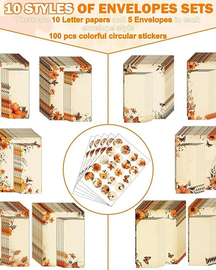 EggSun 250Pcs Fall Thanksgiving Stationery Paper and Envelope Set with 100 Letterhead Papers and 50 Envelopes, 10 Design for Letter Writing Invitations Computer Holidays Party Notes, 8.5x11 Inch-Leaf