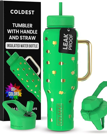 Coldest Tumbler with Handle and Straw - 100% Leak Proof Insulated Tumbler with Lid and Straw (3 Lids) - Stainless Steel Tumblers for Women & Men - Cup Holder Friendly Base, 46 oz (Lucky)