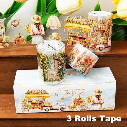 AuriicLeaf Floral Sea PET Tape Set, 3 Rolls Pre-Cut Botanical Stickers for Scrapbooking, Journaling, DIY Crafts, and Collage Art (30 mm/50 mm/55 mm)