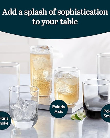 Libbey Polaris Tumbler and Rocks, Axis Glass Cups Set of 16, Elegant Mixed Drinking Glasses with Modern Clean Lines, Dishwasher Safe Glassware Set