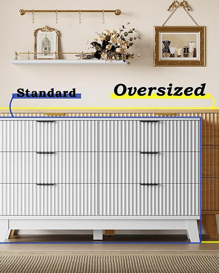 BORNOON Fluted 6 Drawer Dresser, 47.2" Wide Modern Boho Chest of Drawers, Wooden Storage Dresser TV Stand for Bedroom, Living Room, Closet, Hallway, Curved Profile Design