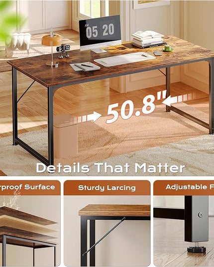 PRAISUN 54 X 24 Inch Computer Desk with Deeper Desktop, Gaming Office Writing Work Desk for Home Office, Study, Bedroom, Work from Home, Metal Frame, Rustic Brown