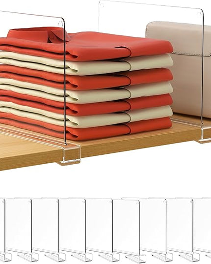 HBlife 10 Pack Clear Shelf Dividers, Vertical Purse Organizer for Closet Perfect for Sweater, Shirts, Handbags in Bedroom and Kitchen, Adjustable Acrylic Bookshelf for Organization