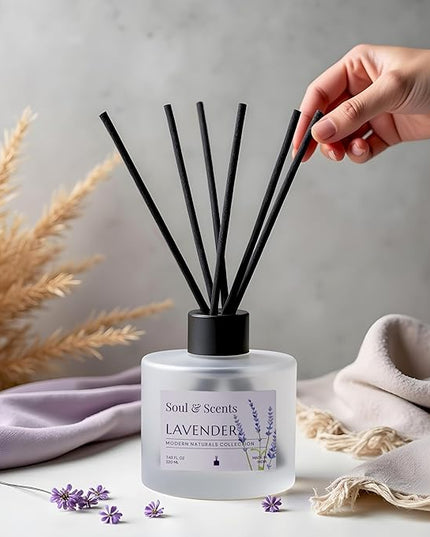 Soul & Scents Reed Diffuser Set – Lavender | 7.43 oz Refillable Scented Oil with 6 Fiber Sticks | Long-Lasting Home Fragrance & Air Freshener for Bedroom, Bathroom, Office | Gift & Décor Piece
