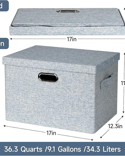 Large 17" 36 Quart Collapsible Stackable Storage Bins with Lids, 3 Packs Blue-Grey Linen Fabric Closet Boxes with Lids, Storage Cube Baskets Container Organizers for Bedroom (17x12x11)