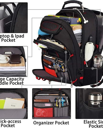 JCDOBEST Laptop Backpack, Red, 55L Capacity, TSA Approved, RFID Anti-Theft, USB Charging Port, Headphone Hole, Back Luggage Strap, Chest Strap, Laptop Backpack