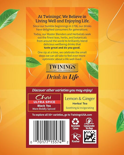 Twinings Chai Black Tea Individually Wrapped Bags, 20 Count (Pack of 6), Sweet, Savoury Spices, Caffeinated, Enjoy Hot or Iced, 120 Teabags
