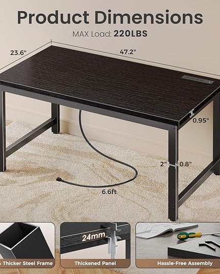 Huuger 48 x 24 inch Desk with Power Outlets & USB-C, Deeper & Thicker Desktop, Robust Metal Tubes, Computer Desk, Heavy Duty Office Desk, Work Gaming Desk for Home Office, Black