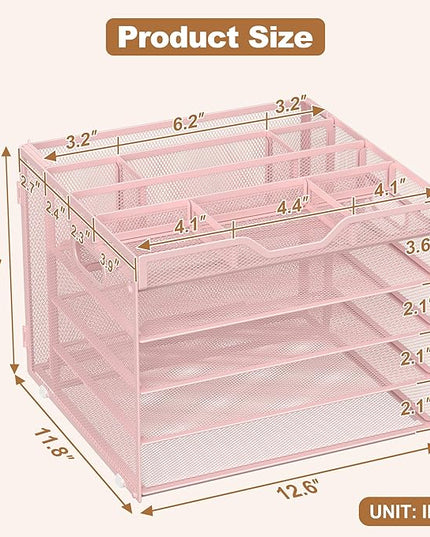 Docnest 5 Tier Letter Tray with Hanging File Organizer-Mesh Desk Organizer-Desktop Storage Box Built in Pen Holder and Handles, File Folder Holder for Mail Documents Office Supplies-Pink