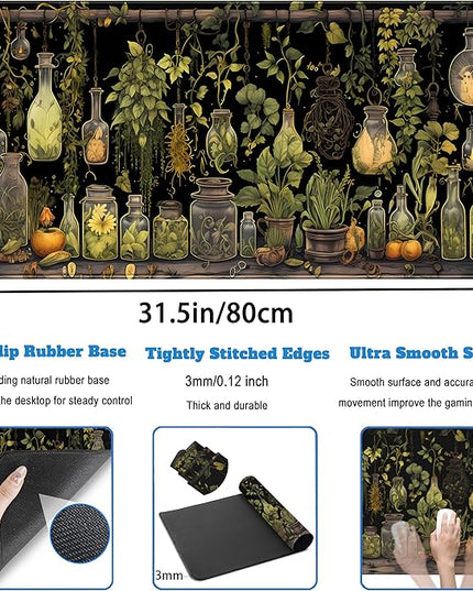 Desk Mat Green Plants Mouse Pad Gaming Mat Dark Keyboard Mat, Long Mouse Mat XXL Extended Desktop Mat Magical Bottles Computer Mats with Stitched Edges, Office Desk Accessory 31.5" x 15.7"