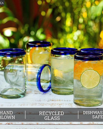 NOVICA Artisan Crafted Hand Blown Clear Blue Rim Recycled Glass Juice Glasses, 4.3In H X 2.6In Diam. 8 Oz. 'Cobalt' (Set Of 6)