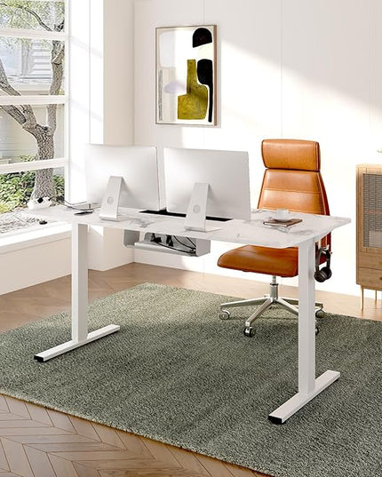 FLEXISPOT EN2 Whole-Piece Standing Desk with Clamp Power Strip, 48 x 30 Electric Stand Up Height Adjustable Desk with Cable Management (White Frame + 48" Marble Gray Top, 2 Packages)