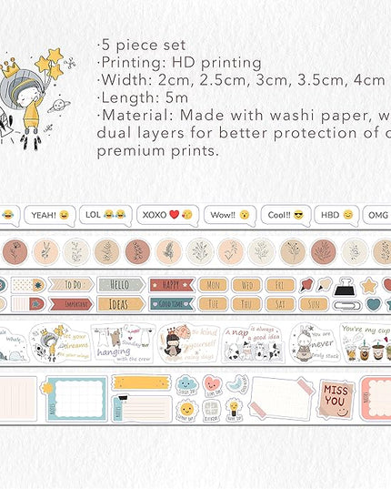 WT Planner’s Washi Tape Sticker Set, 5 Rolls, Original Floral Weekly Decorative Stickers, Cute Pastel Adhesive Tape for Planners, Journals, Bujo, DIY Crafts, Stationery Supplies