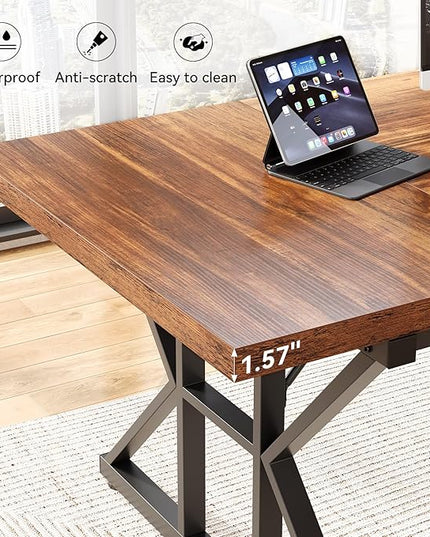 LITTLE TREE 70.8-Inch Office Desk, Wooden Executive Office Desk, Modern Work Desk, Large Farmhouse Writing Table Computer Desk for Home, Brown-Black