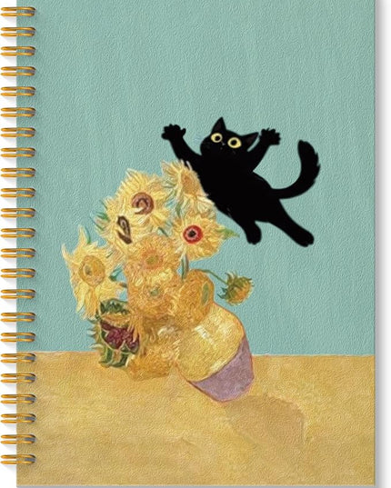 ROXMART Abstract Sunflower Black Cat Spiral Notebook, Cats Lover Gifts Journal, Black Cat Gifts for Women, Whimsical Floral Kitty Kitten Hardcover Notebook Journal, 5.5x8.3 Inch