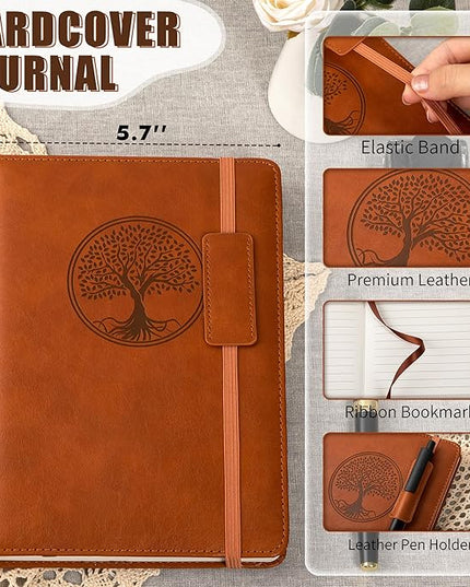 CAGIE Leather Lined Journal Notebooks for Work Tree of Life Journals for Writing, College Ruled Notebook with 256 Pages, 5.7"x8.3", Brown