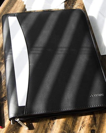 Cossini Black Superior Vegan Leather Business Portfolio with Zipper – Padfolio All-in-One. Smartest Protective 10.1 Inch Tablet Sleeve, Presentation Slot, Solar Calculator, Card Storage, Writing Pad