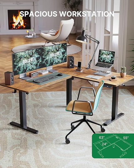 Marsail 63×55 in Electric Corner L Shaped Standing Desk with 4-in-1 Electrical Outlet, Headphone Hook & Memory Functions, Ergonomic Sit Stand Home Office Computer Desk & Gaming Table,Rustic