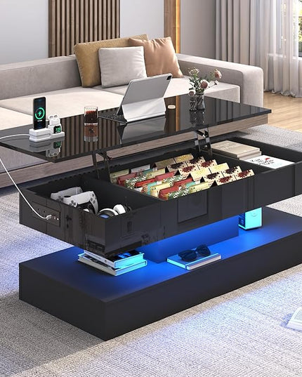 47.2" Large Lift Top Coffee Table,Modern High Glossy LED Coffee Tables for Living Room with Storage,Black Living Room Tables for Living Rooms,Dining Room,Bedroom Home Office,APP LED Lights（Black）