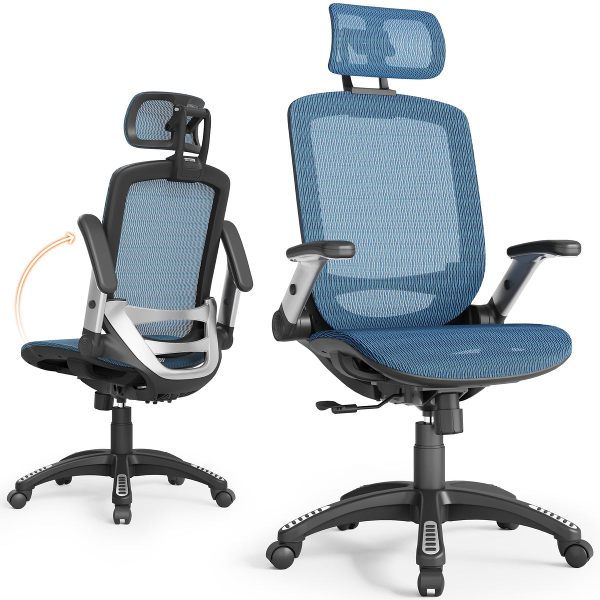 GABRYLLY Ergonomic Office Chair, High Back Home Desk Chair with 2D Flip-Up Arms, 3D Headrest, 90-120° Tilt and Wide Cushion, Big and Tall Mesh Chairs for Man Woman, Blue Computer Task Chair