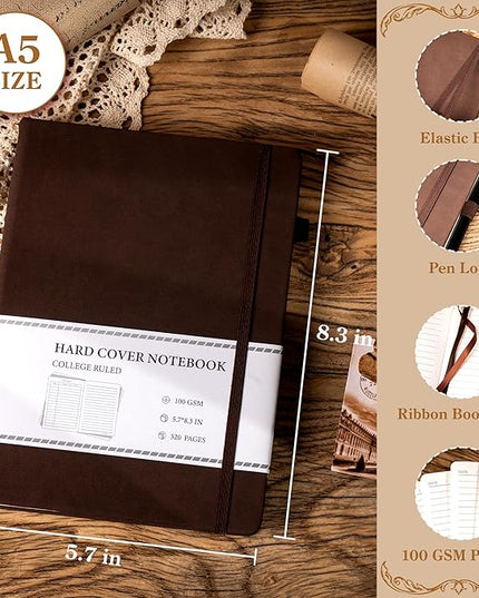 CAGIE Lined Journal Notebook for Men Women 320 Pages Leather Journals for Writing A5 Thick Hardcover Journaling Notebooks for Work Note Taking Diary, 5.7x8.3 in, Dark Brown