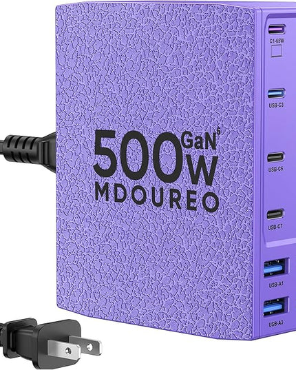 500W USB C Charger Block, 12-Port USB C Charging Station for Multiple Devices, Leather Texture Dual PD 65W Laptop Fast Charger Compatible with MacBook Pro/Air, iPad, iPhone,Galaxy and More,Purple