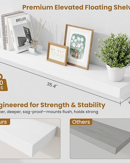Fun Memories Floating Shelves for Room Wall, 36 Inch Long Shelf Set of 2， Hanging Wood Shelves for Storage & Display, White