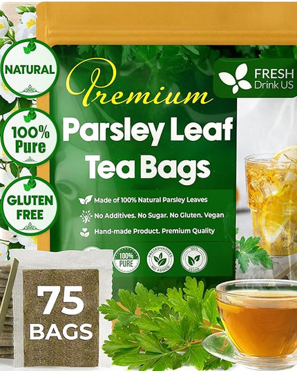 FreshDrinkUS, Premium 75 Parsley Leaf Tea Bags, 100% Natural & Pure from Parsley Leaves. Loose Leaf Parsley Herbal Tea. Made with Natural Material Tea Bags. No Sugar, No Caffeine, No Gluten, Vegan.