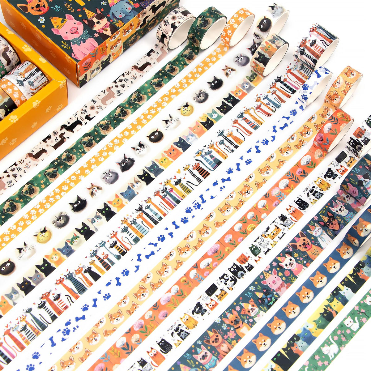 KOVANO Washi Tape Set 14 Rolls, Cute Animal Decorative Tape, Cats Puppies Pugs Designs Washi Tapes for Scrapbooking Supplies, Journaling Supplies, Crafts