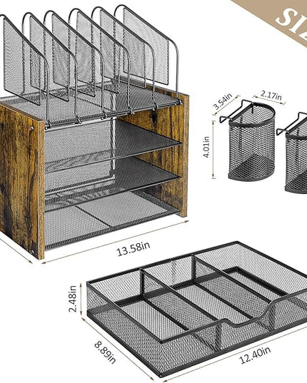 4-Tier Mesh Desk Organizer, Wooden Desk File Organizer with 5 Vertical File Holders and 2 Pen Holders, Desktop Organizers and Accessories with Drawer for Home Office